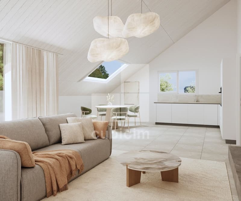 Spacious open-plan living area with vaulted ceiling, large windows, and a cozy sofa. The room features a dining table and chairs, as well as a modern kitchen area with white cabinets. The lighting fixtures are unique cloud-like pendants, adding to the air