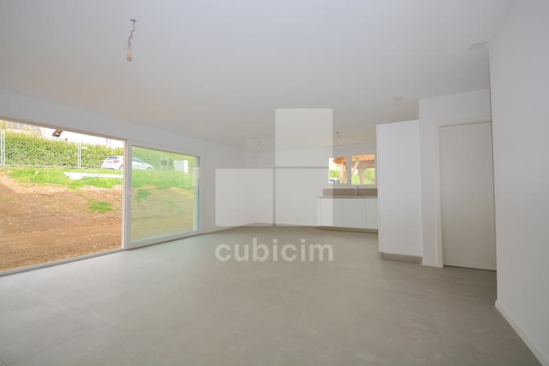 Large open-plan room with floor-to-ceiling windows, concrete flooring, and a built-in cabinet or shelving unit.
