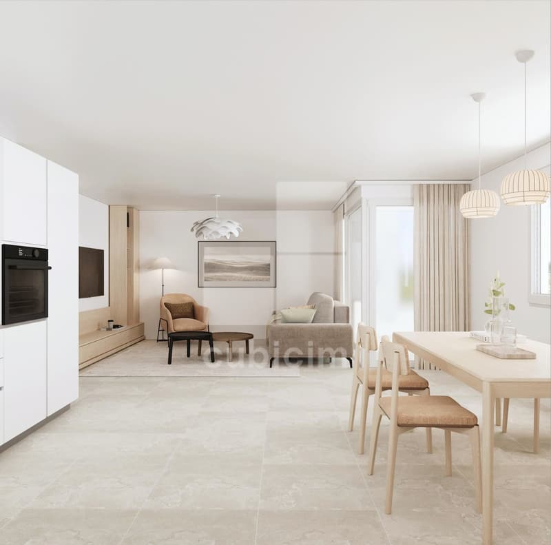 The image shows a spacious open-concept living and dining area with a modern, minimalist design. The room features white walls, light-colored hardwood floors, and large windows that allow natural light to flood the space. The living area has a gray sofa,