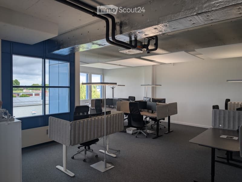 Open office space with cubicles, large windows, exposed ceiling pipes and ducts, and modern lighting fixtures.