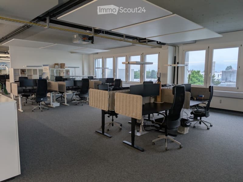 Large open office space with multiple workstations, desks, and chairs. The room has large windows providing natural light and a view of the outdoors. The ceiling features suspended lighting panels. The floor is covered in gray carpeting.