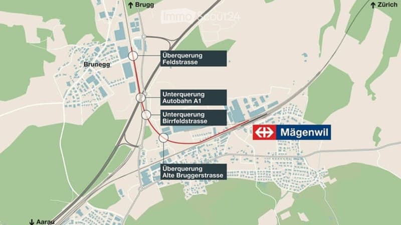 The image shows a map of the Mägenwil area, with various road names and labels indicating different road crossings and intersections, such as Überquerung Feldstrasse, Unterquerung Autobahnl, and Unterquerung Birfeldstrasse. The map also shows the location