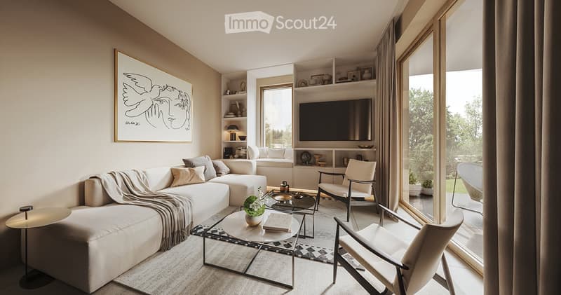 Spacious living room with large windows overlooking a scenic outdoor view, modern furniture including a sectional sofa, armchair, and coffee table, built-in shelving and TV unit, and a framed abstract artwork on the wall.