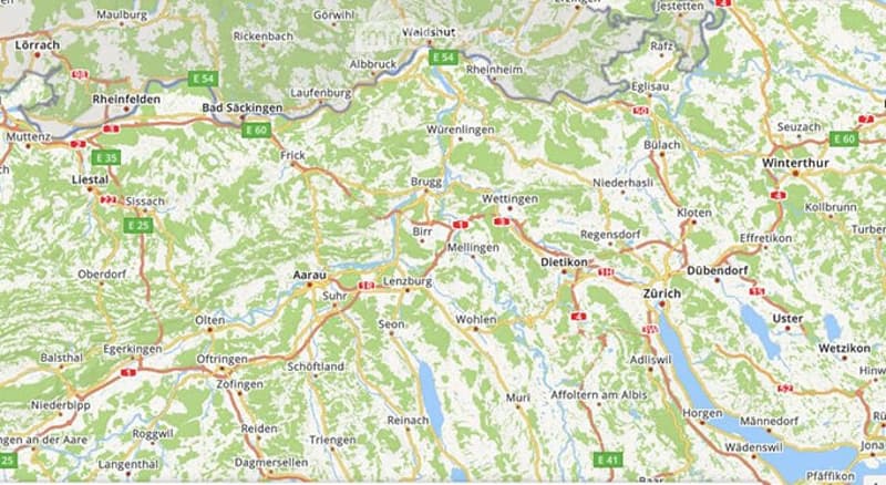 This is a map showing the geographic area around Zurich, Switzerland. The map includes various towns, cities, and natural features such as rivers and mountains. The map appears to be a detailed topographic map with roads, highways, and other transportatio