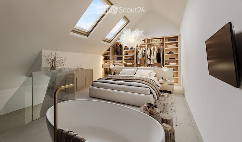 Spacious bedroom with slanted ceiling, large windows, built-in wardrobe system, king-size bed, and a fireplace