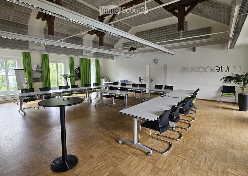 conference room with several tables, chairs, a projector screen, and a projector