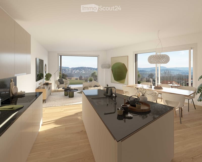 large open plan kitchen-living room with floor-to-ceiling windows, modern design, wooden flooring, gas stove, granite counter