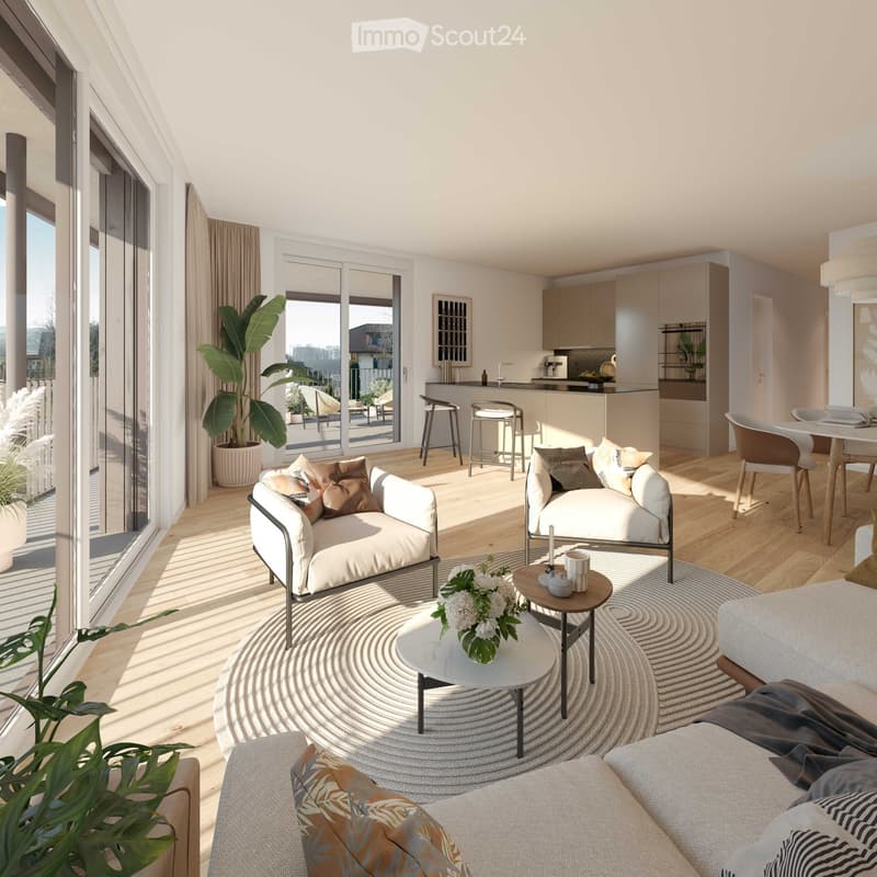 living room, kitchen, balcony, dining table, chairs, sofa, coffee tables, floor lamp, curtains, floor heating, hardwood floors, large windows