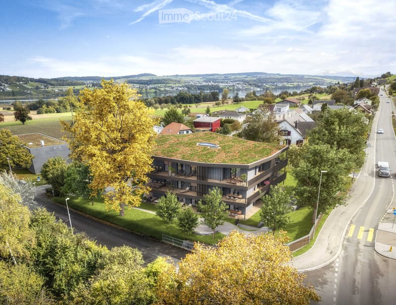 multi-story building, curved roof with green grass, balconies with deck chairs, large windows, small swimming pool on the roof, surrounded by green grass and trees, on a hill, view of a valley and a lake