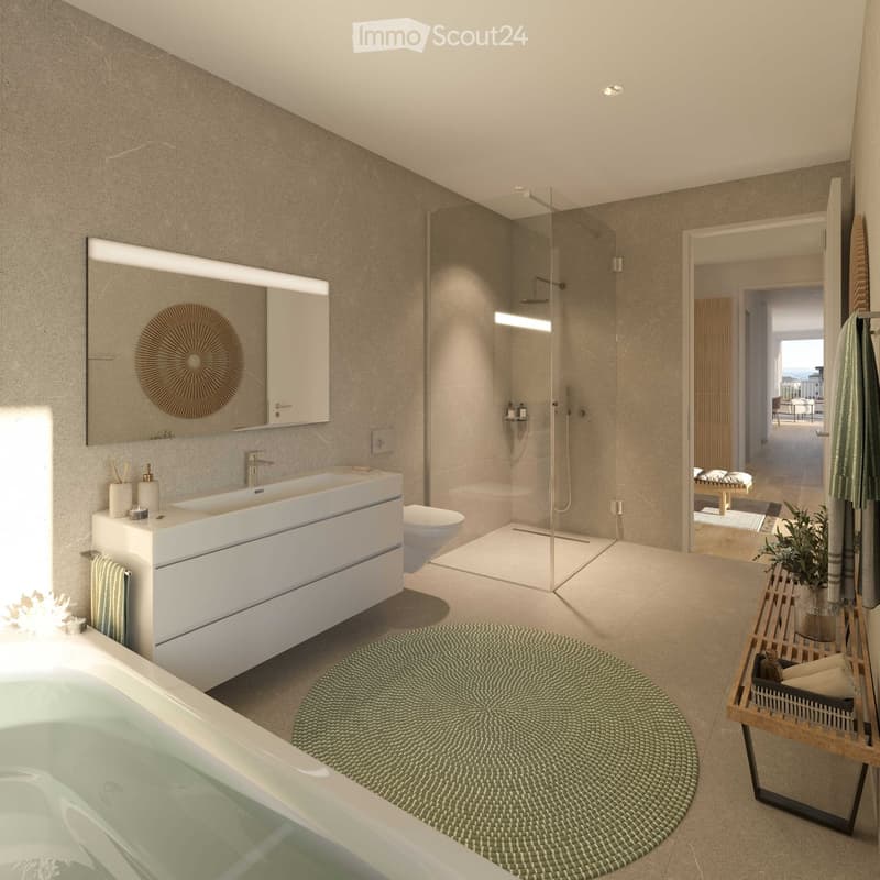 modern, spacious, white, large bathtub, underfloor heating, shower, toilet, vanity with sink, mirror, wooden bench, storage, round rug, wooden tray with plant