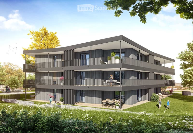Residential apartment building with balconies, modern architecture, multiple floors, spacious outdoor areas, surrounding greenery
