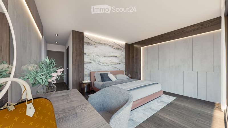Wooden floor, marble wall, large bed, bedside table, carpet, mirror, flowers in vase