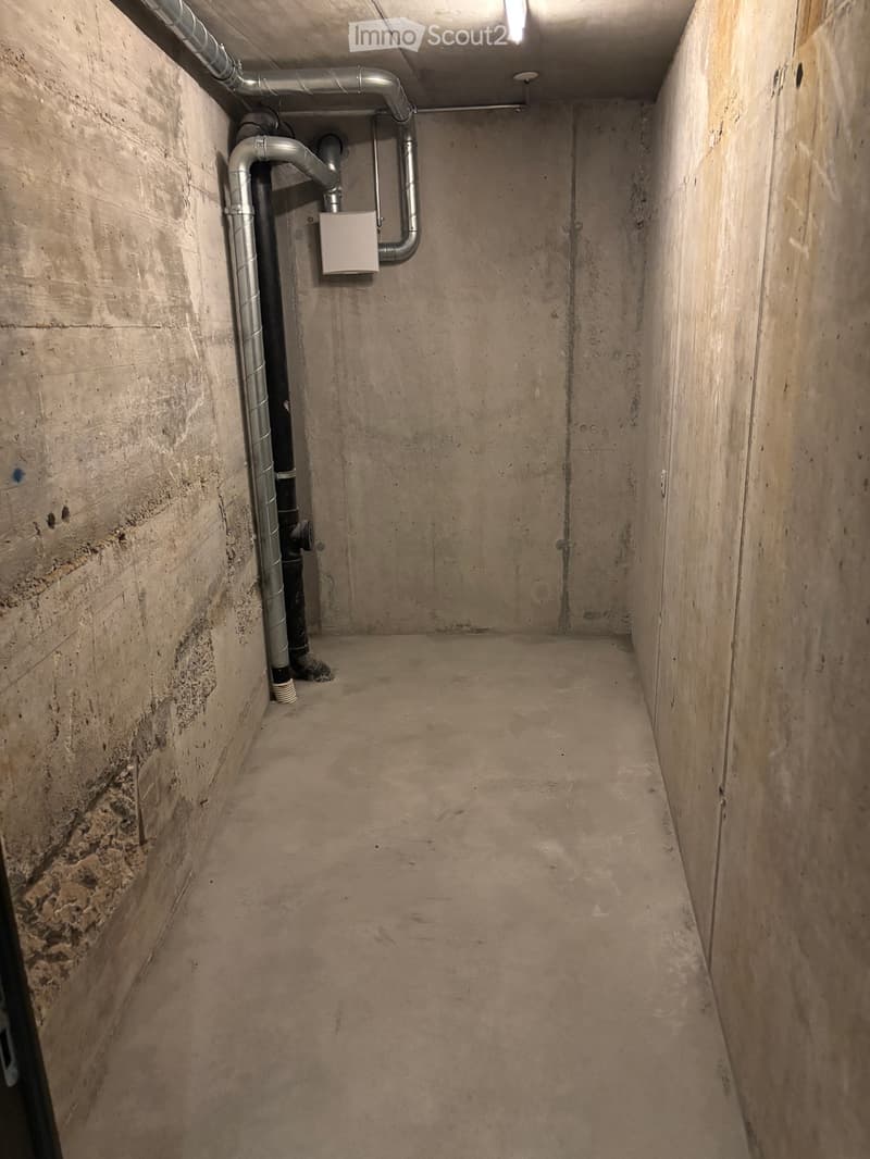 An empty basement storage space with concrete walls, pipes on the ceiling, and a cement floor.