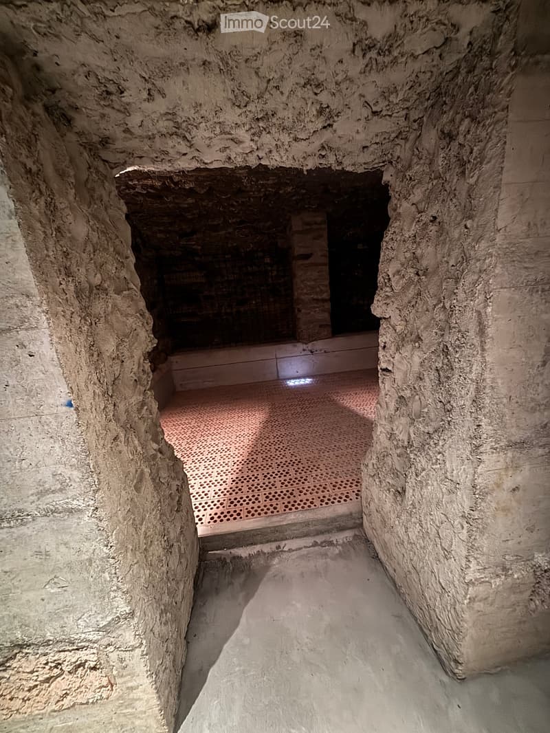 Concrete walls, brick floor, illuminated by a ceiling light