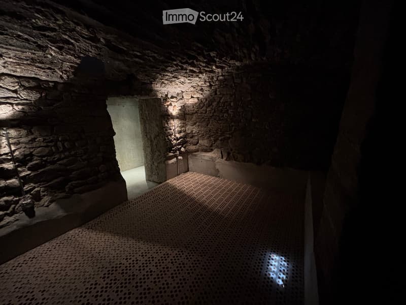 stone walls, concrete floor, illuminated corridor