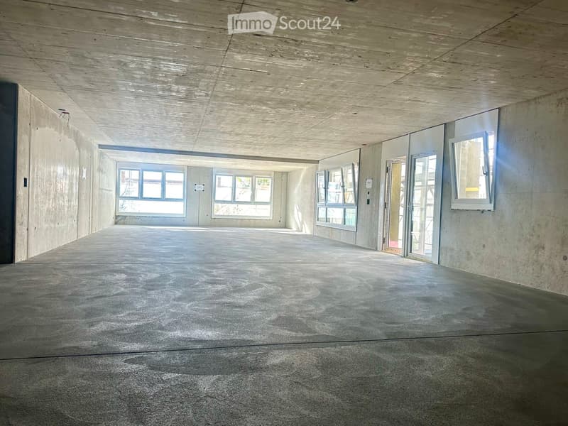 Empty corridor with concrete walls, glass windows, open doors
