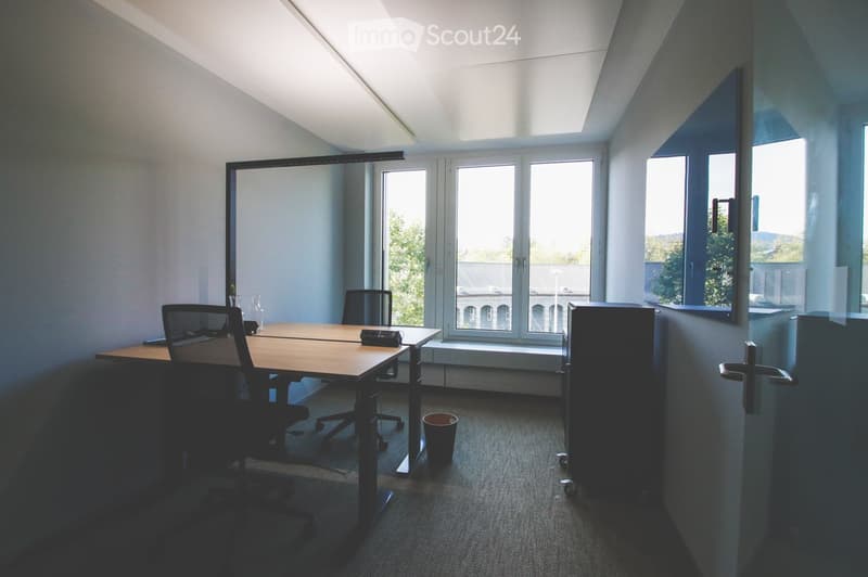 carpeted floor, windows, desks, office chairs, trash bin