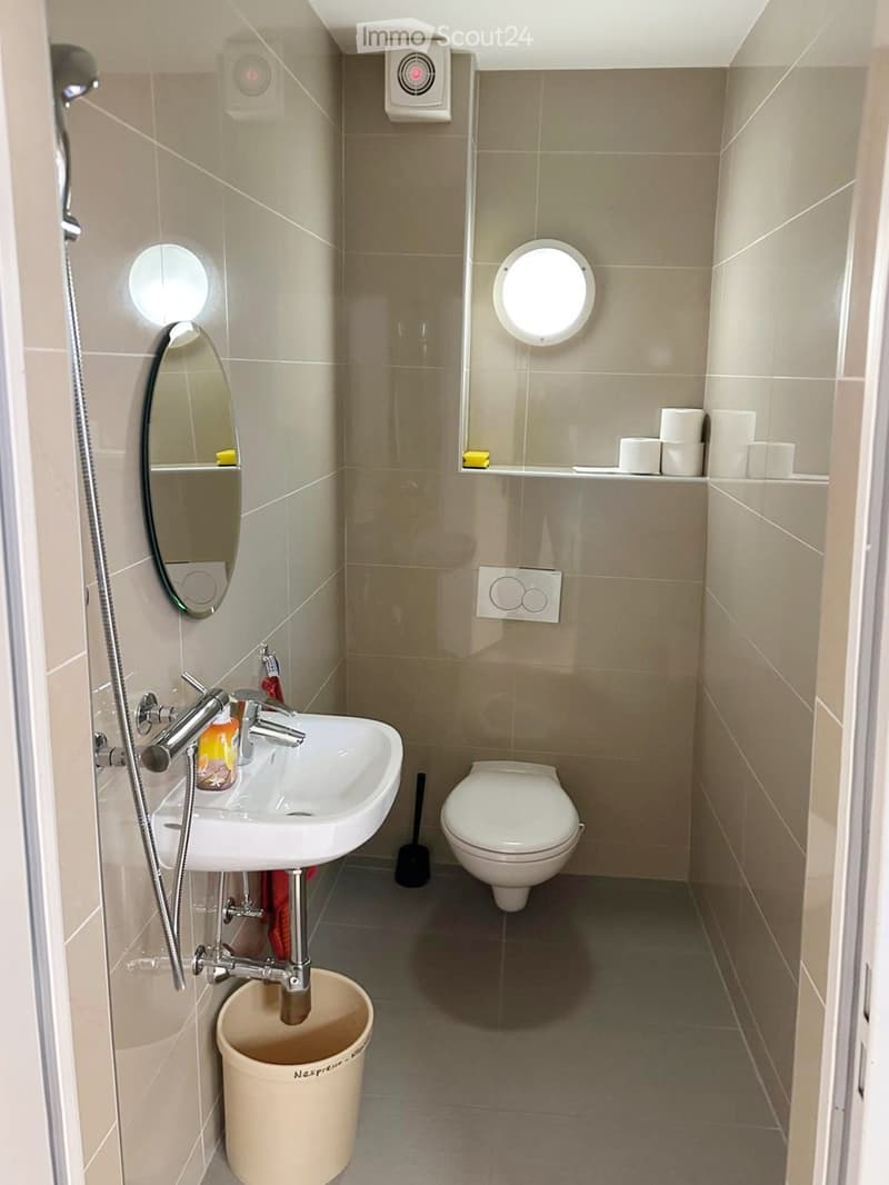 small bathroom, white toilet, sink, mirror, light, shower head, toiletries, bucket