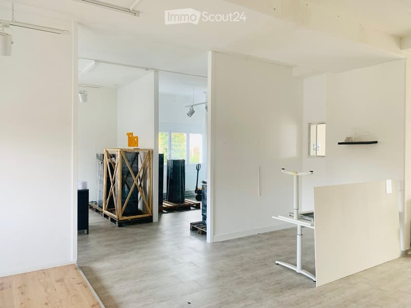 large room, white walls, wooden flooring, glass windows, empty shelves