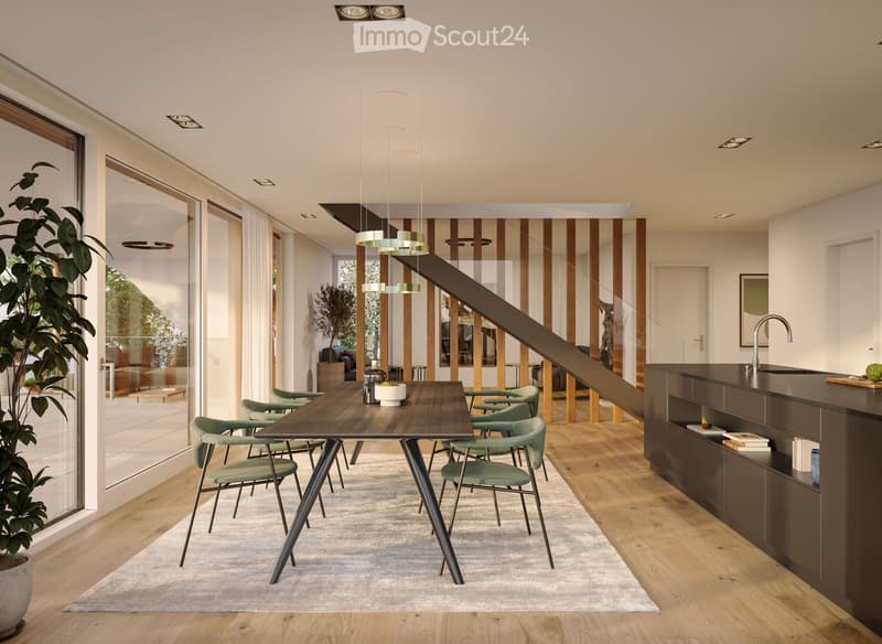 dining table, chairs, hanging lamps, stairs, glass wall, cabinet with sink
