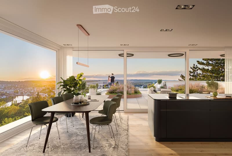 modern open plan living, dining, and kitchen space with panoramic view, large glass walls, balcony with rooftop garden, dining table with chairs, kitchen counter with gas stove and pot