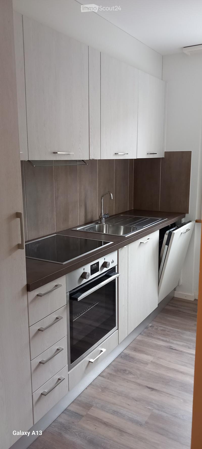 Modern kitchen, stainless steel appliances, gas stove, oven, dishwasher, wooden floor