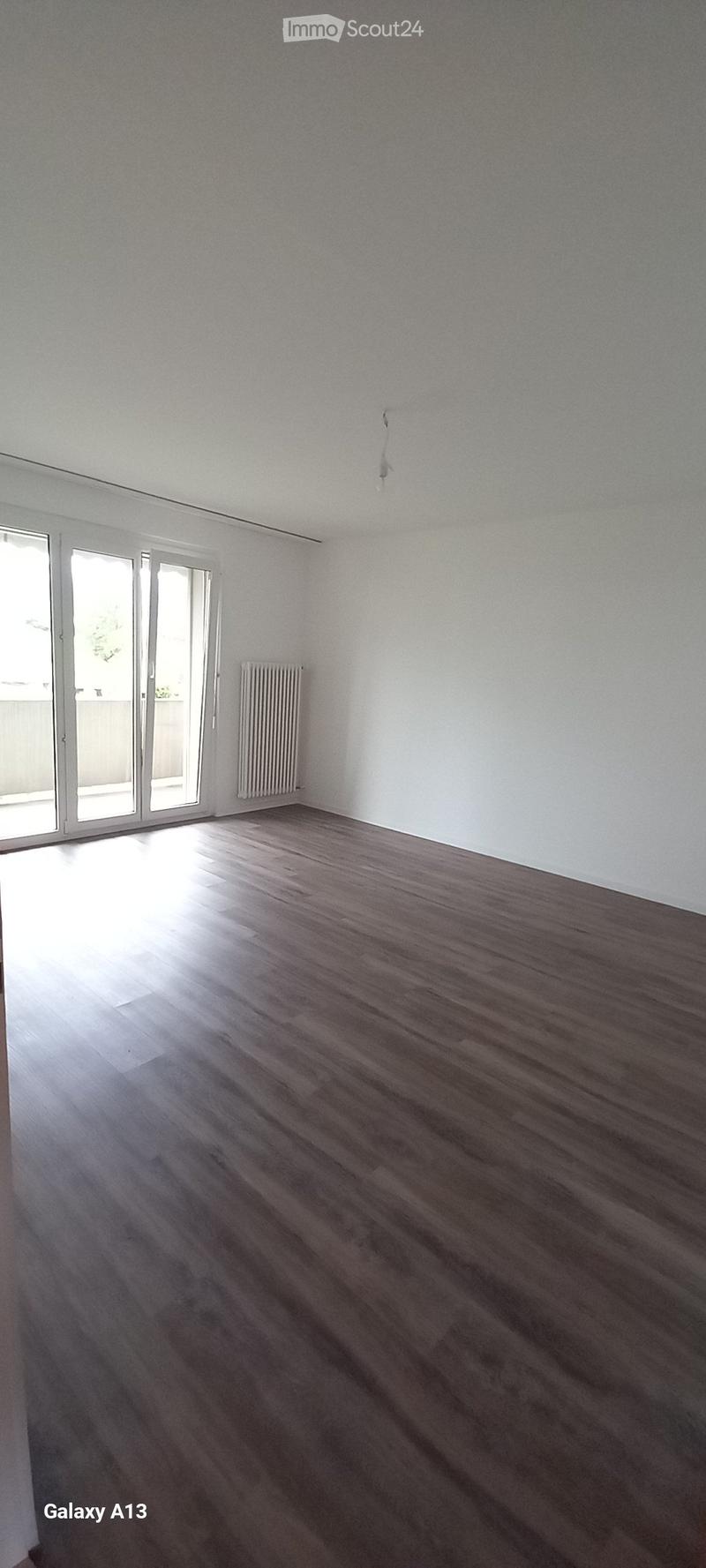 empty room, wooden floor, sliding glass door, balcony, white walls, white radiator