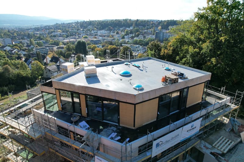 Residential building, on-going construction, windows, metal scaffolding, roof, large pool-like domes