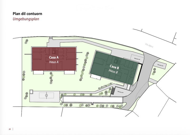Ground plan showing Casa A and Casa B with parking, green areas, and Via Alpsu.