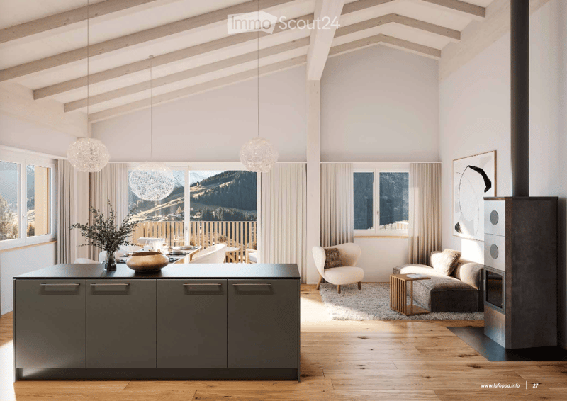 open living room, modern kitchen, 2 large windows, balcony, couch, fireplace, dining table, modern design