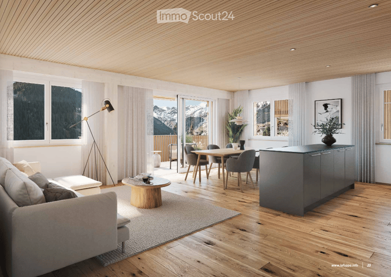open-plan living and dining area with sliding doors leading to a balcony, a modern kitchen, and a comfortable seating area with a couch and a coffee table