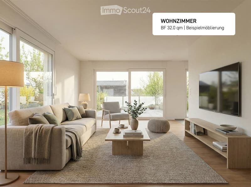 large windows, glass sliding door to balcony, white walls, beige couch, coffee table, armchair, TV, shelves, floor lamp, area rug
