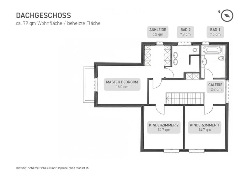 Master bedroom, wardrobe, 2 child bedrooms, 2 bathrooms, gallery, closet, hallway
