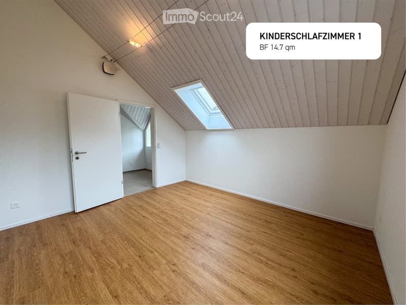 empty room, white walls, wooden flooring, open door, skylight
