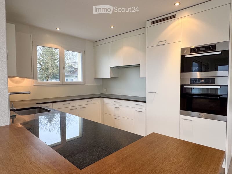 modern kitchen with white cabinets, stainless steel appliances, granite countertop, double sink, windows