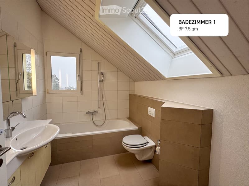 modern bathroom with a bathtub, toilet, sink, mirror, ceiling fan, and small window