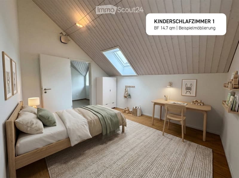 small bedroom, double bed, study desk, lamp, wardrobe, openable attic ceiling