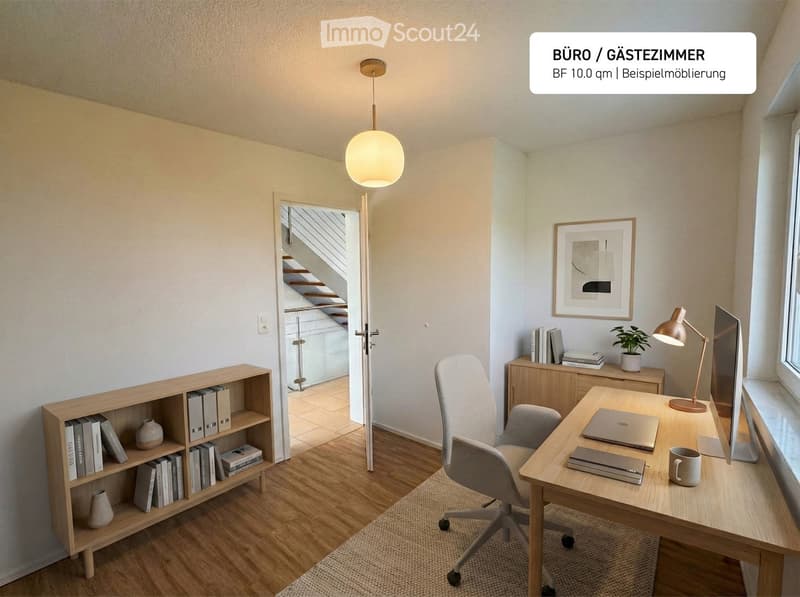 Light wood floors, open door to another room, white desk with lamp and computer, wooden bookcase, and rolling office chair.