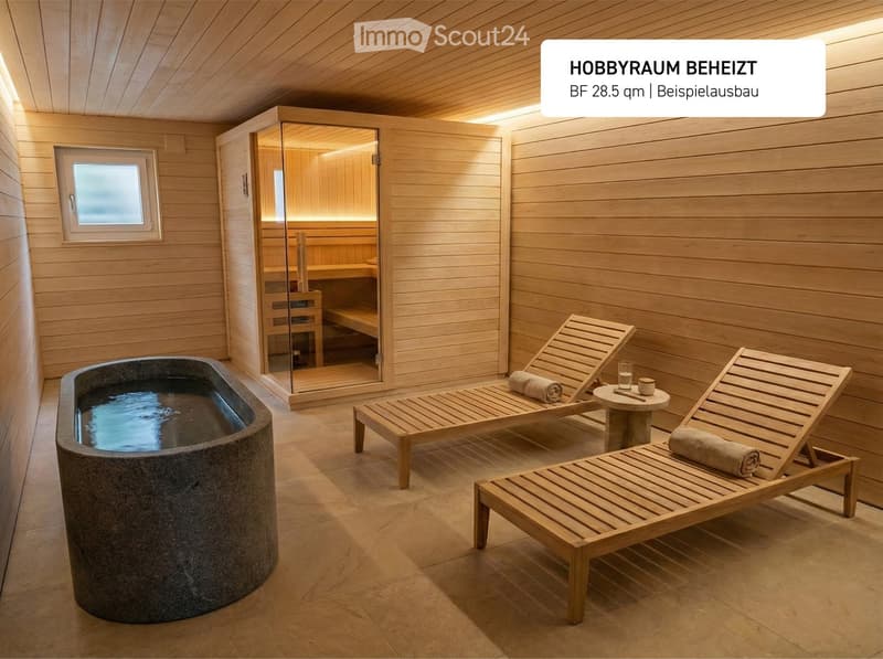 wooden sauna cabin, round bathing tub, two wooden lounge chairs, wooden bench, tiled floor, wooden ceiling
