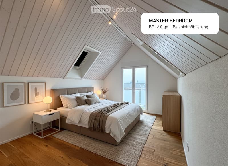 master bedroom, wooden flooring, sloped ceiling, bed, lamps, nightstands, rug, windows, skylight
