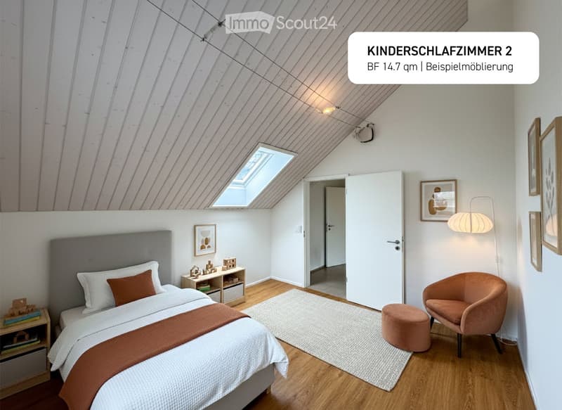 A children's bedroom with wooden flooring, white walls, a bed, nightstands, a rug, a skylight, and a door