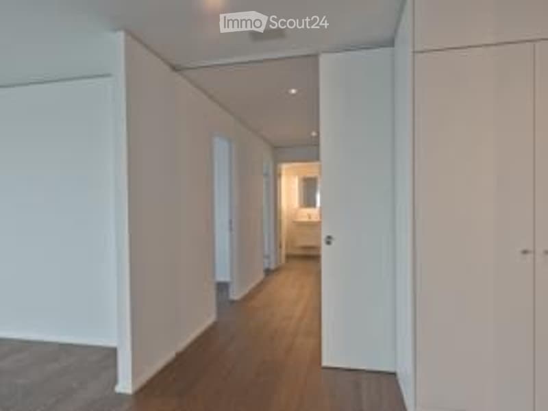 Empty hallway with wooden floor, white walls, open closets