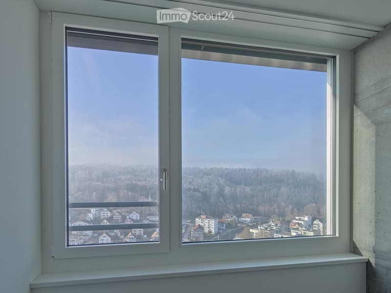 Large double window, panoramic view of town below, modern white frame