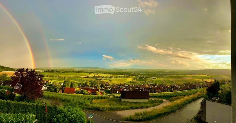 Rural landscape, houses, vineyards, rainbow, hills