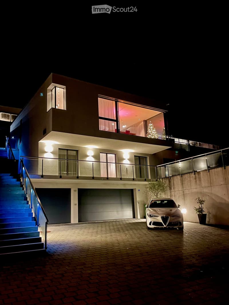 Modern 2-story house, well-lit, car parked in front, blue steps, garage with 2 doors, decorated with Christmas tree