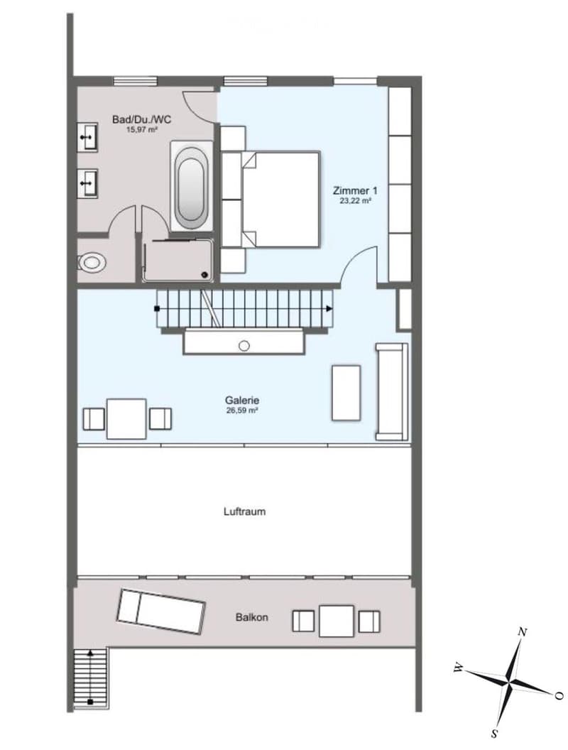 Bathroom/toilet, bedroom, gallery, living room, balcony