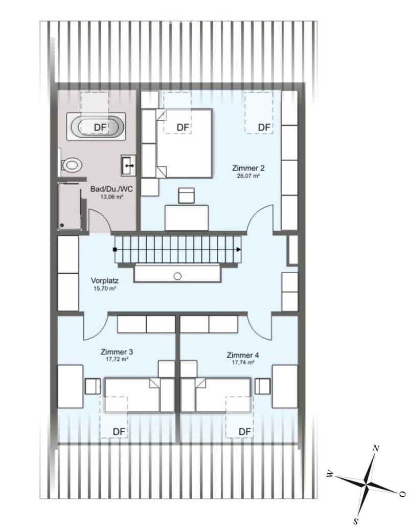4 bedrooms, bathroom, kitchen, living area, 13.06 square meter balcony