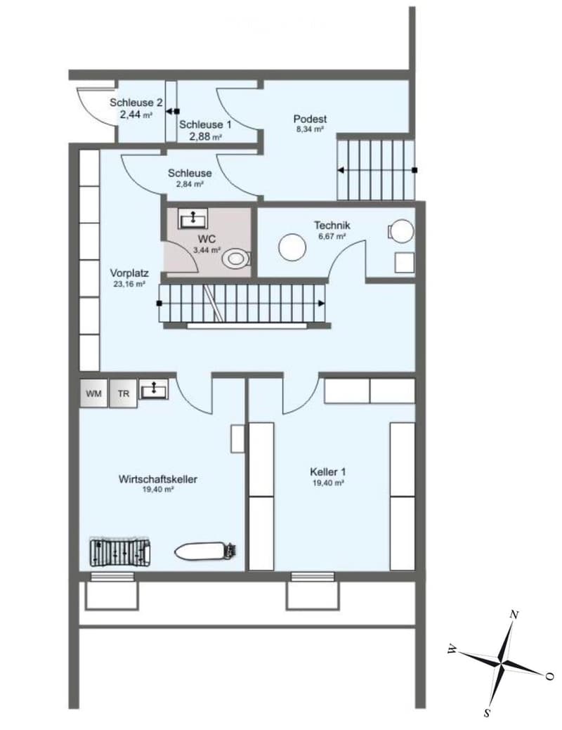 Schleuse, WC, Vorplatz, Technik, Wirtschaftskeller, Keller