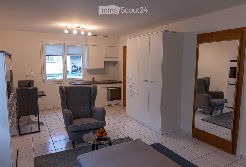 modern kitchen, wooden floor, white tiles, kitchen island, faucet, sink, oven, white cabinets, built-in appliances, window with view of outside