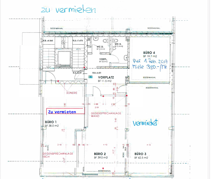 office spaces, reception area, meeting area, WC, cellar